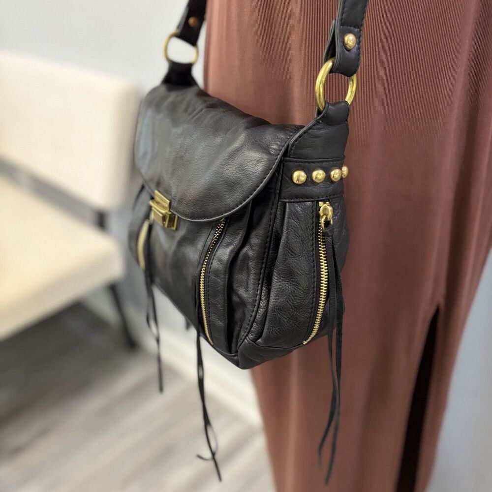 Rebecca Minkoff Beloved Mini Crossbody Bag Black Leather Gold Stud Vintage -FLAW - Picture 2 of 11